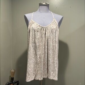 Old Navy Ladies Tan And White Blouse.  Linen/Polyester Blend.  Size Large